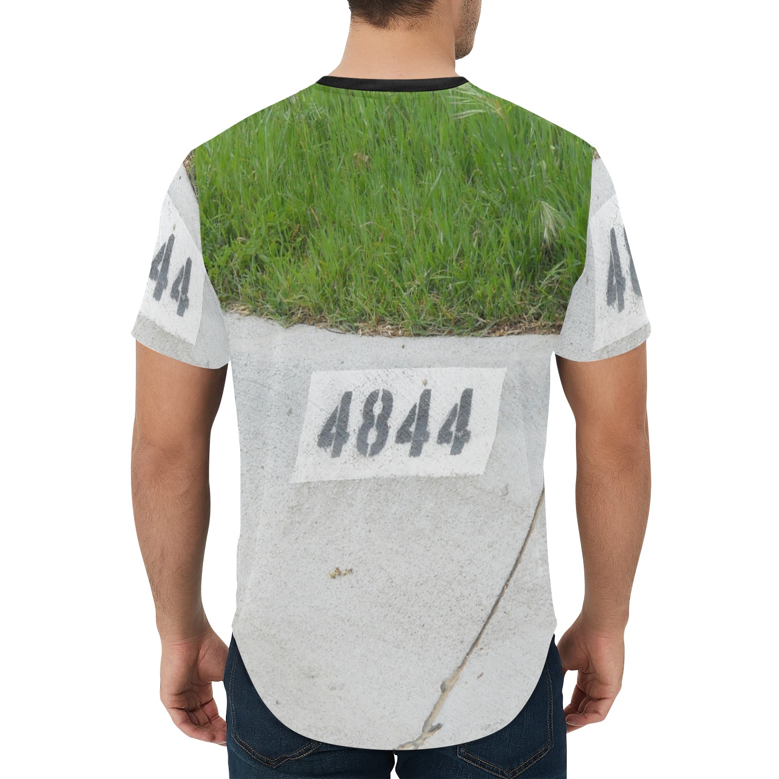 Street Number 4844 with black collar Men's All Over Print Curved Hem T-Shirt (Model T76)