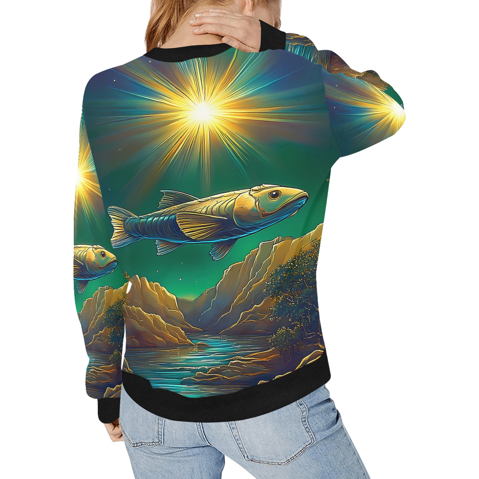 Celestial Swim Women's Rib Cuff Crew Neck Sweatshirt (Model H34)