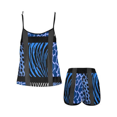 Blue Mixed Animal Print Women's Spaghetti Strap Short Pajama Set