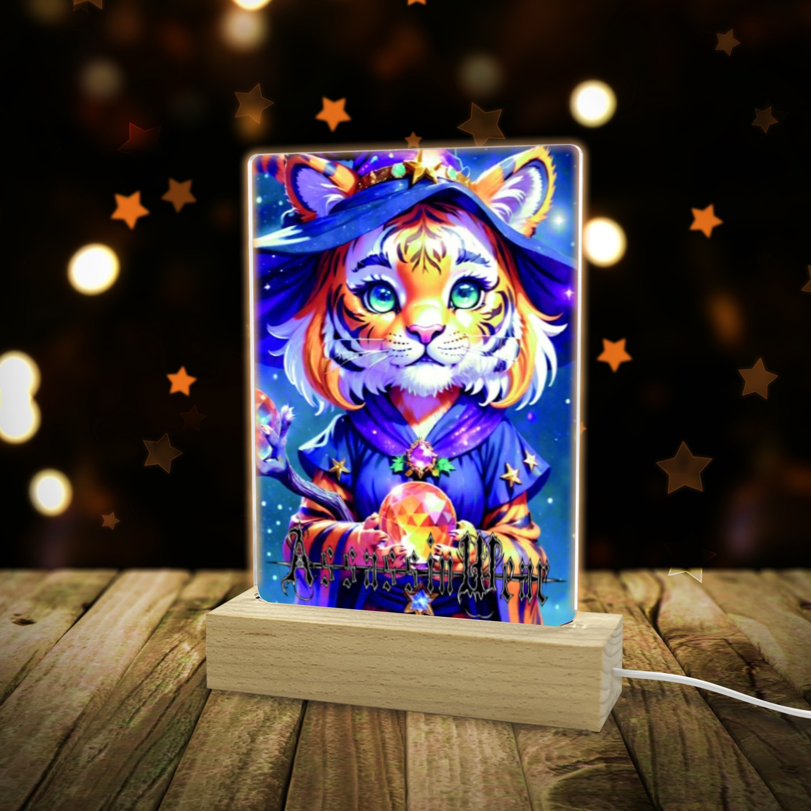 Tiger Cub Wiccan Acrylic Photo Print with Colorful Light Square Base 5"x7.5"