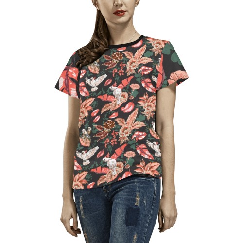 Tropical birds in the dark pink jungle All Over Print T-Shirt for Women (USA Size) (Model T40)