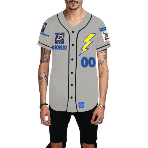 DIONIO Clothing - Gray & Black Lightning Baseball Jersey #00 All Over Print Baseball Jersey for Men (Model T50)