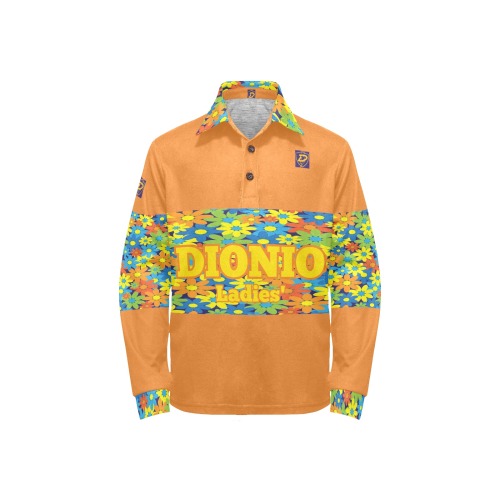 DIONIO Clothing - Long Sleeve Polo Shirt (Orange ,Flowers Logo) Big Girls' All Over Print Long Sleeve Polo Shirt (Model T73)