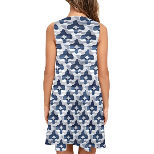 blue diamond, repeating pattern Sleeveless A-Line Pocket Dress (Model D57)