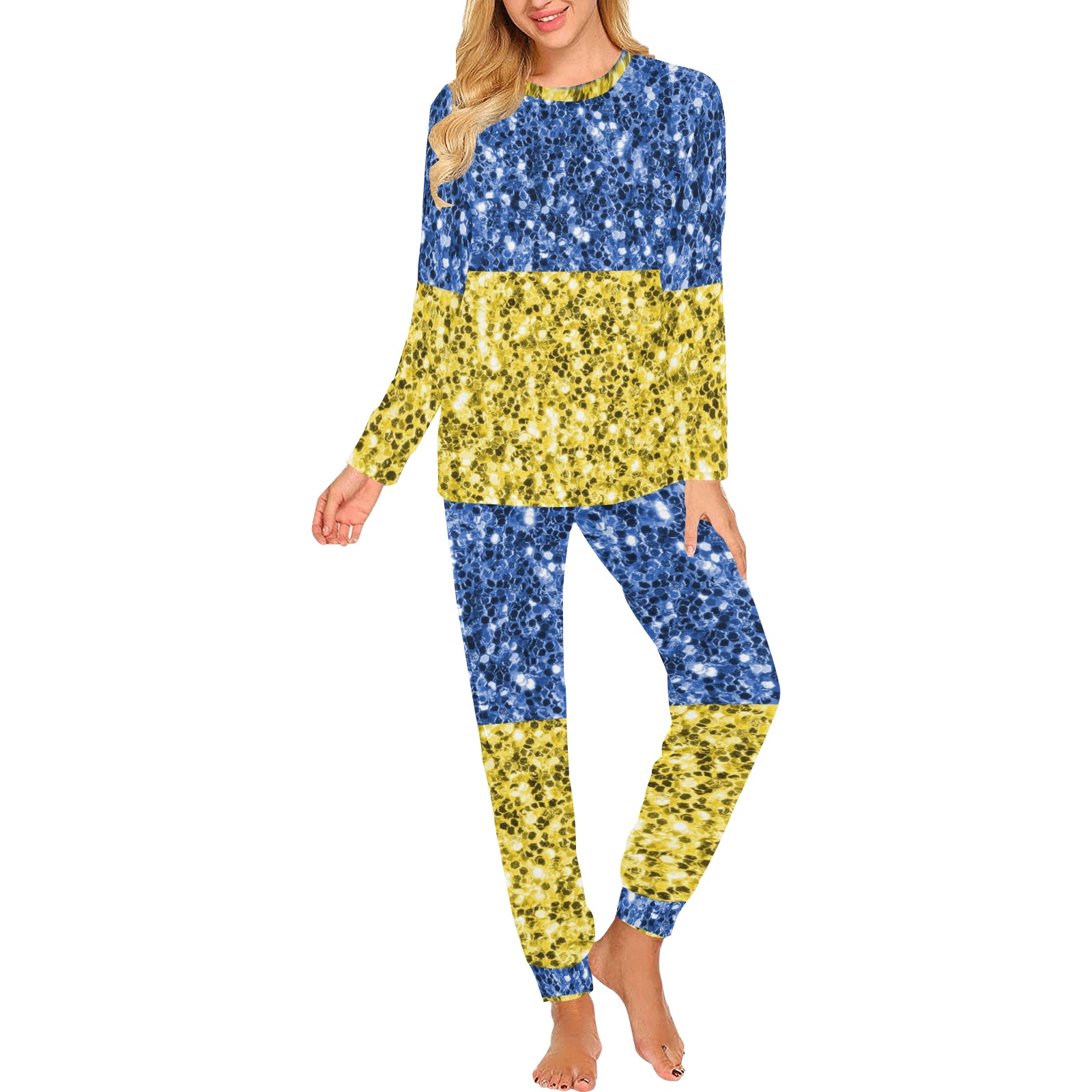 Blue yellow Ukraine flag glitter faux sparkles Women's All Over Print Pajama Set