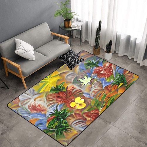 Tropical Abstract Area Rug with Black Binding 7'x5'