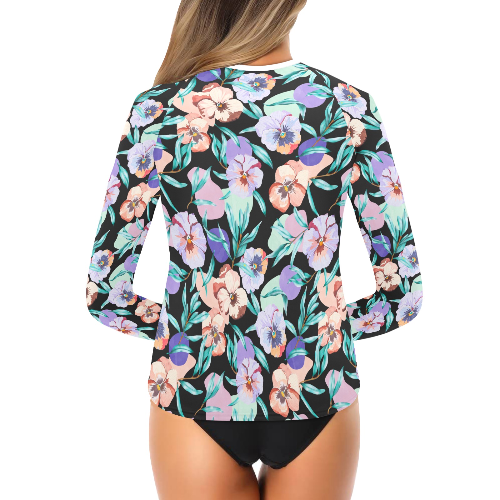 Dark modern tropical floral PD Women's Long Sleeve Swim Shirt (Model S39)
