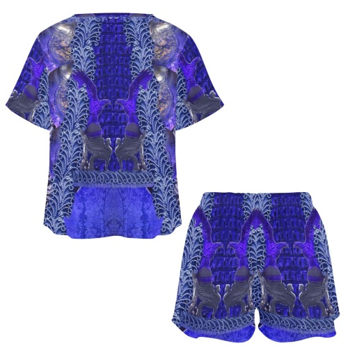 blue purple elephants Women's Mid-Length Shorts Pajama Set