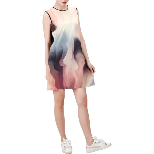 Digital liquid painting 23 Sleeveless Round Neck Shift Dress (Model D51)
