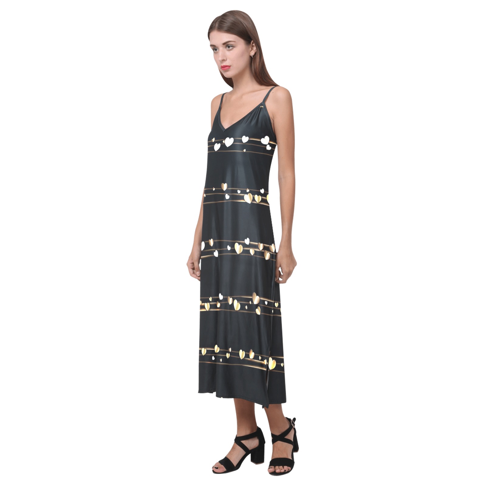 Strings of Golden Hearts Print V-Neck Open Fork Long Dress(Model D18)