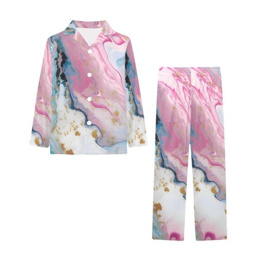 Aqua and Gold Marble 8 Little Girls' V-Neck Long Pajama Set