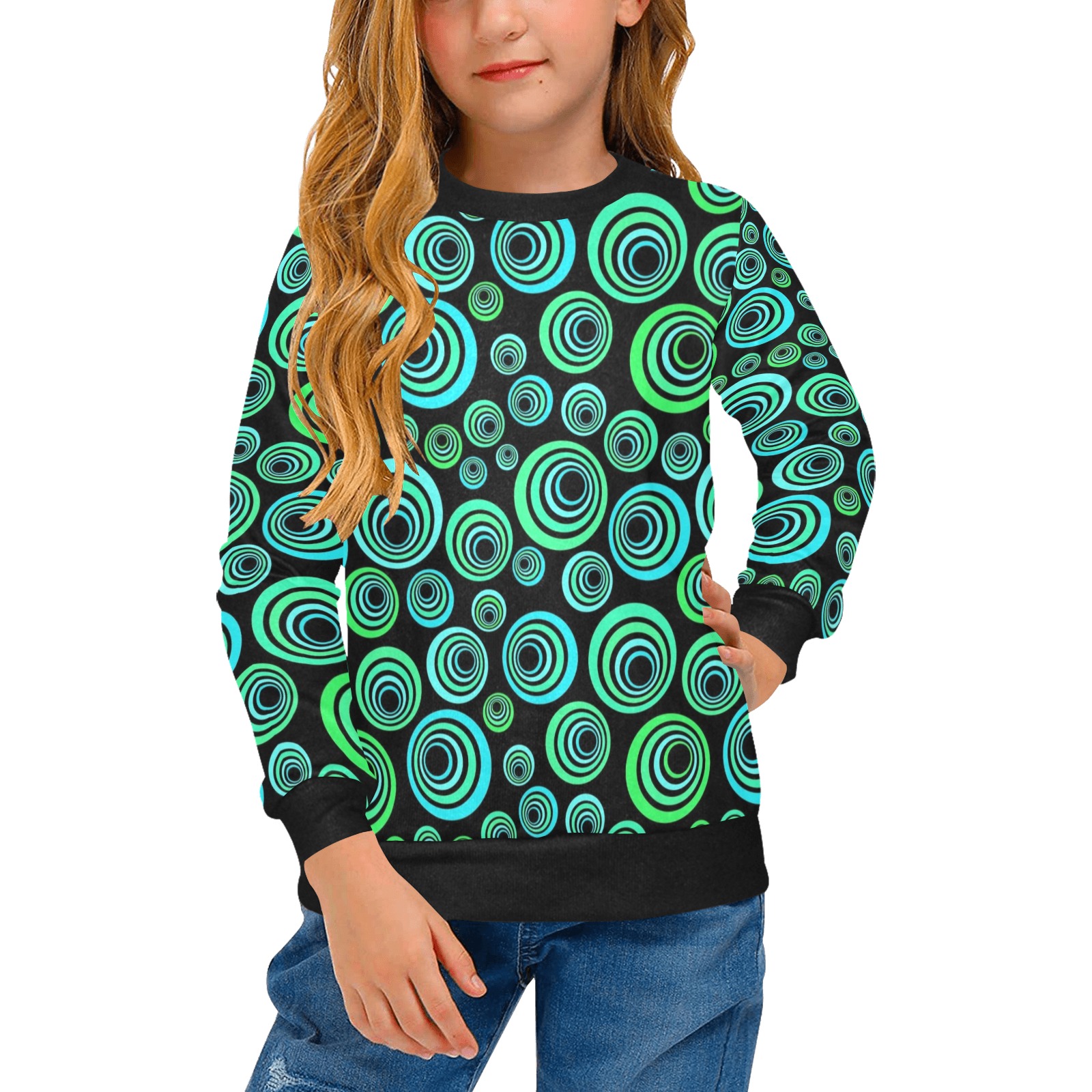 Retro Psychedelic Pretty Green Pattern Girls' All Over Print Crew Neck Sweater (Model H49)
