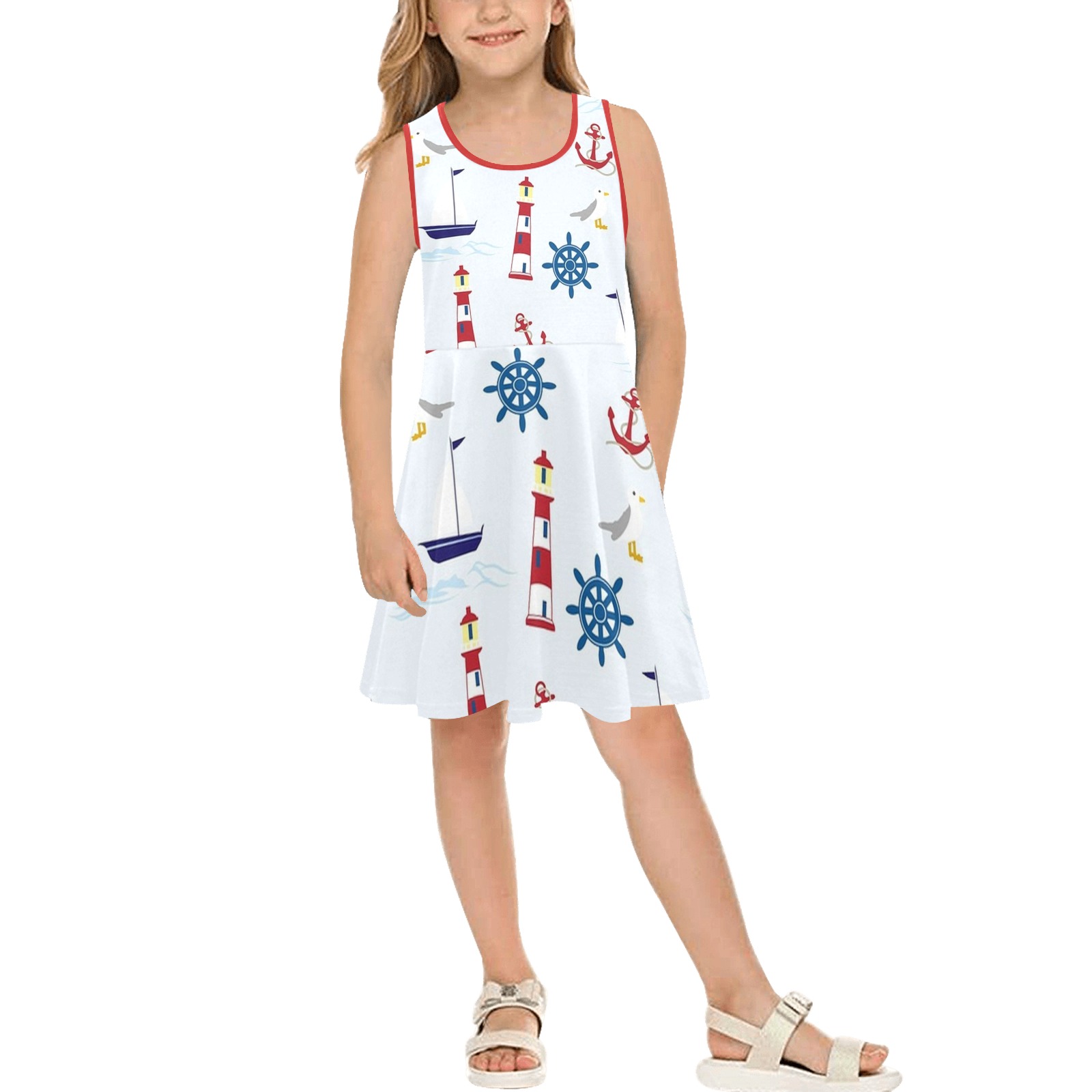 Cute Nautical Themed Dress Girls' Sleeveless Sundress (Model D56)