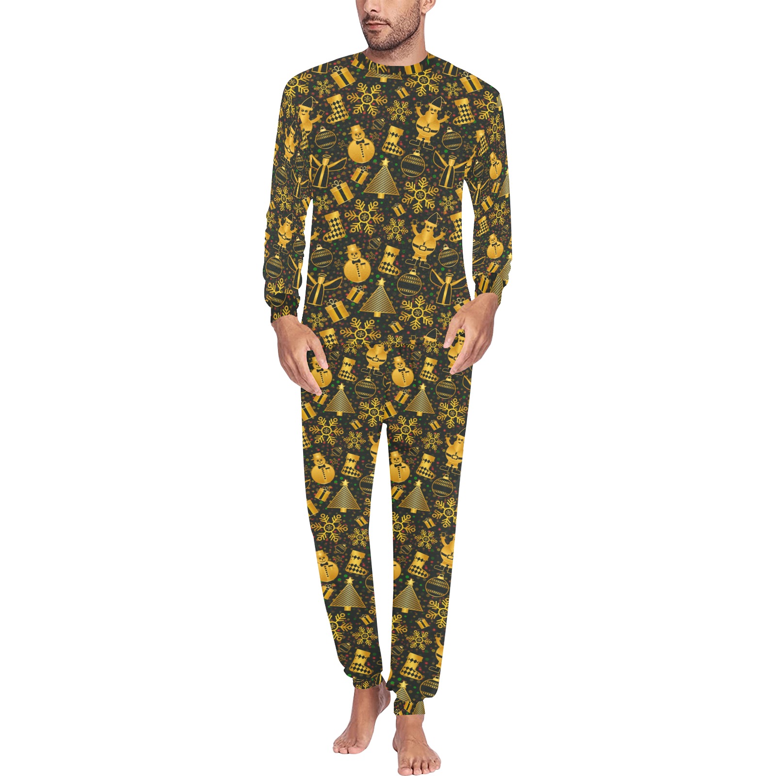 Golden Christmas Icons Men's All Over Print Pajama Set with Custom Cuff