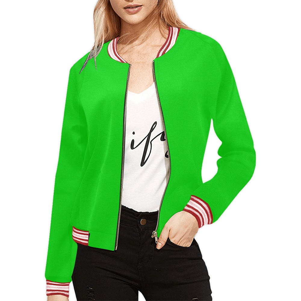 Merry Christmas Green Solid Color All Over Print Bomber Jacket for Women (Model H21)