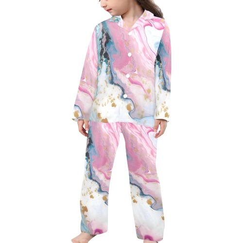 Aqua and Gold Marble 8 Little Girls' V-Neck Long Pajama Set