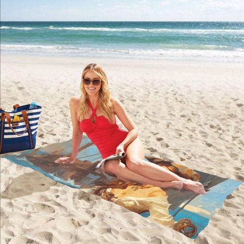 Pirate girl poses against the sinking ship art. Beach Towel 32"x 71"