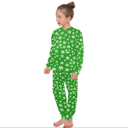 Christmas White Snowflakes on Green Big Girls' Crew Neck Long Pajama Set