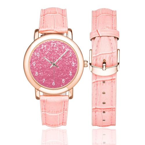 Magenta light pink red faux sparkles glitter Women's Rose Gold Leather Strap Watch(Model 201)