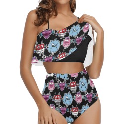 PATTERN MOSTRINIblack High Waisted Ruffle Bikini Set (Model S13)