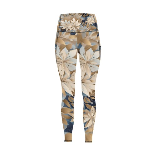 Beige and Blue Contemporary Flowers Women's All Over Print Leggings with Pockets (Model L56)