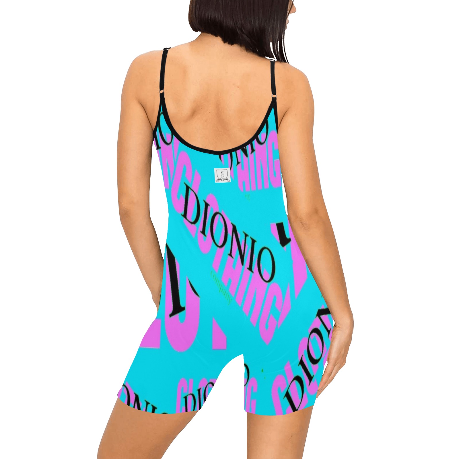 DIONIO Clothing - Women's Short Yoga Bodysuit (Company Turquoisr & Pink Logo) Women's Short Yoga Bodysuit