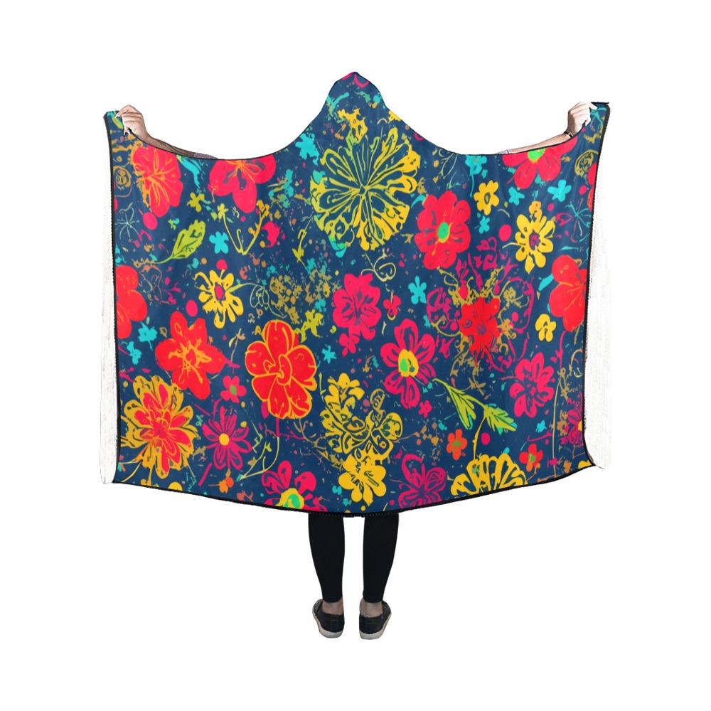 Magic flowers on dark. Yellow, red, blue colors. Hooded Blanket 50''x40''