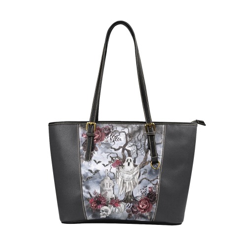 Ghost Rose Leather Tote Gray Leather Tote Bag/Large (Model 1640)