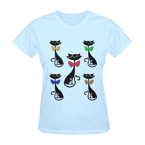 Black Cat with Bow Ties - Blue Sunny Women's T-shirt (Model T05)