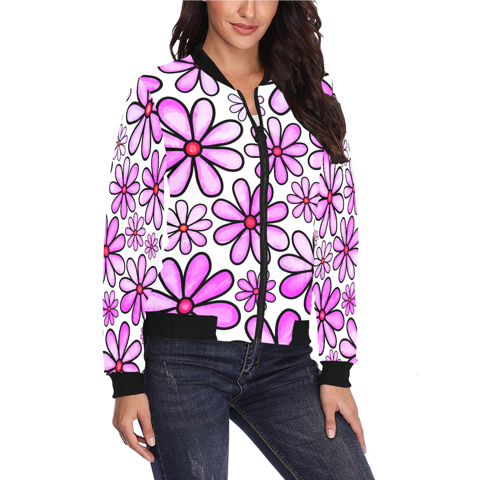 Pink Watercolor Doodle Daisy Flower Pattern All Over Print Bomber Jacket for Women (Model H36)