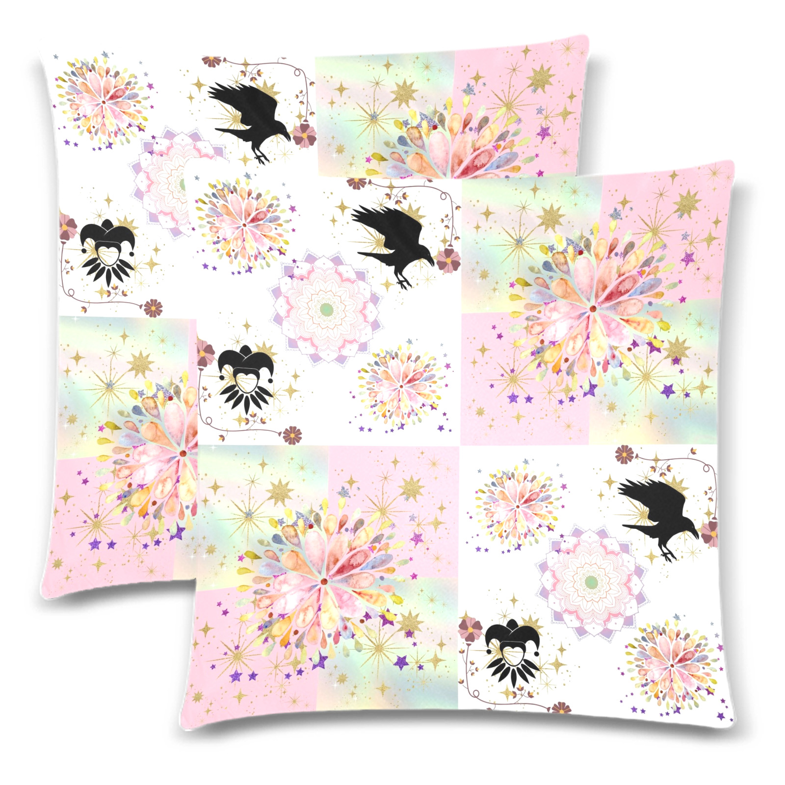 Secret Garden With Harlequin and Crow Patch Artwork Custom Zippered Pillow Cases 18"x 18" (Twin Sides) (Set of 2)