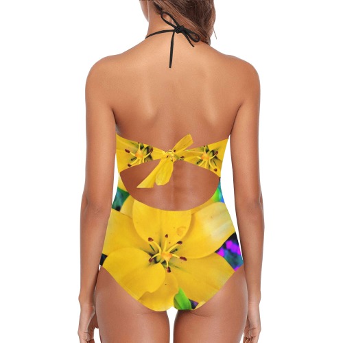 Yellow Lily Lace Band Swimsuit Lace Band Embossing Swimsuit (Model S15)