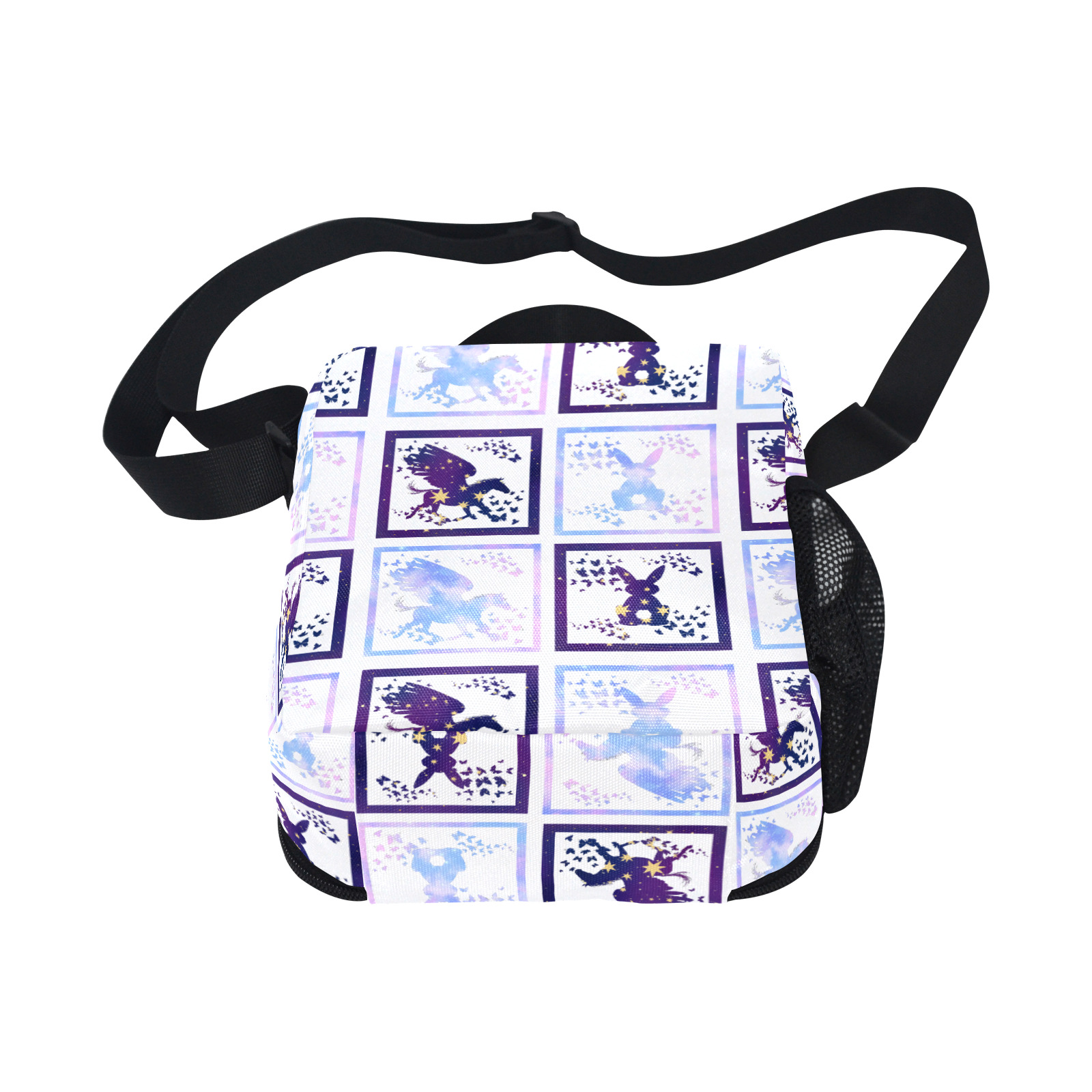 Bunny and Pegasus Together in Blue Patchwork Design All Over Print Crossbody Lunch Bag for Kids (Model 1722)