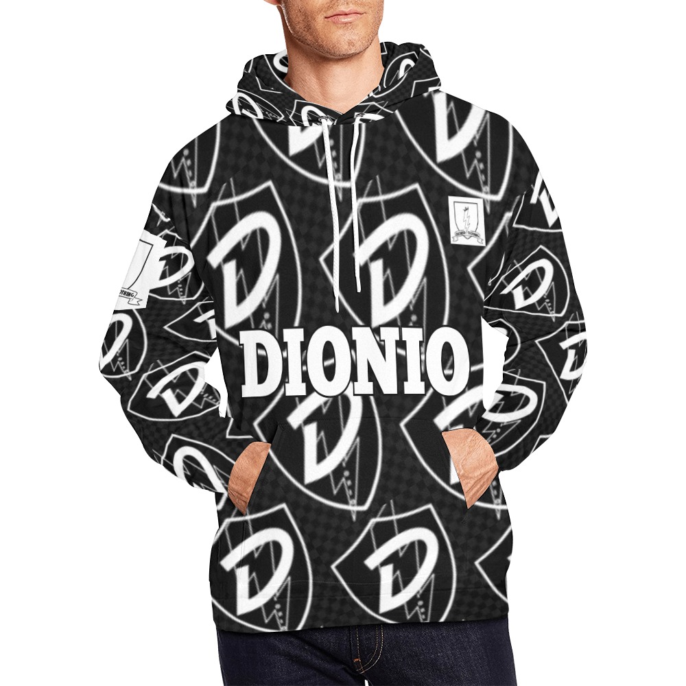 DIONIO Clothing - Black & White Repeat Grand Prix D Shield Hoodie (D Shield Logos) All Over Print Hoodie for Men (USA Size) (Model H13)