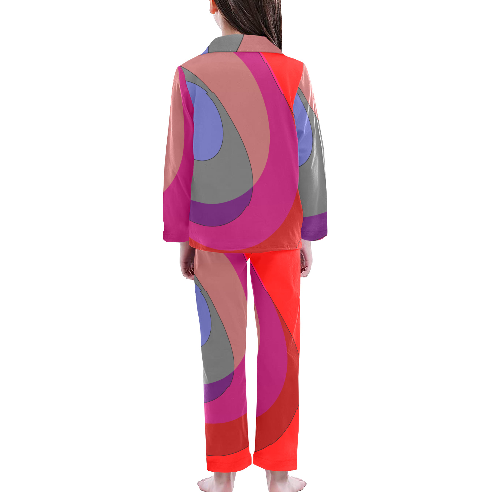Red Abstract 714 Big Girls' V-Neck Long Pajama Set