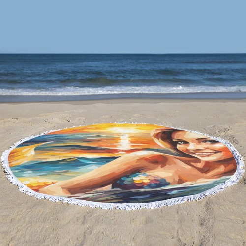 Funny smiling mermaid at sunset. Fantasy art. Circular Beach Shawl Towel 59"x 59"