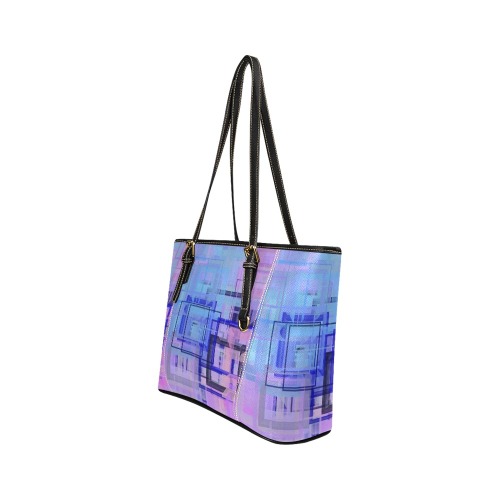 Pink Blue Rectangles Abstract Leather Tote Bag/Small (Model 1640)