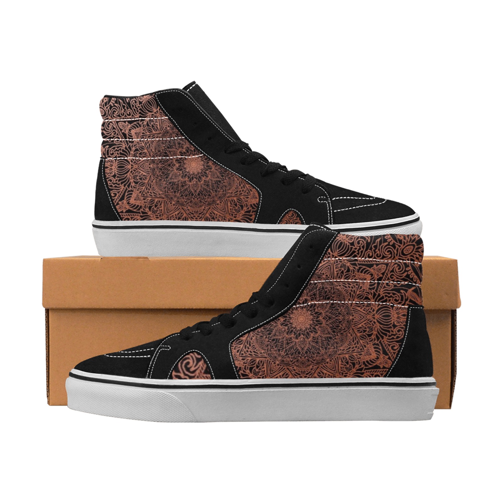 Mandala tapestry-noir et cuivre Men's High Top Skateboarding Shoes (Model E001-1)
