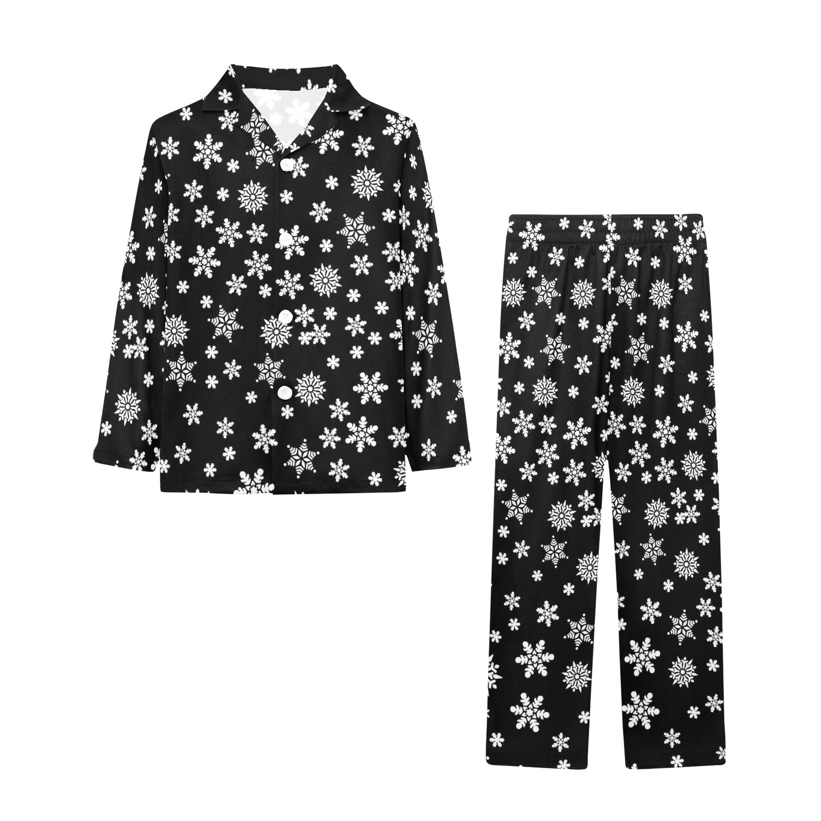 Christmas White Snowflakes on Black Big Boys' V-Neck Long Pajama Set