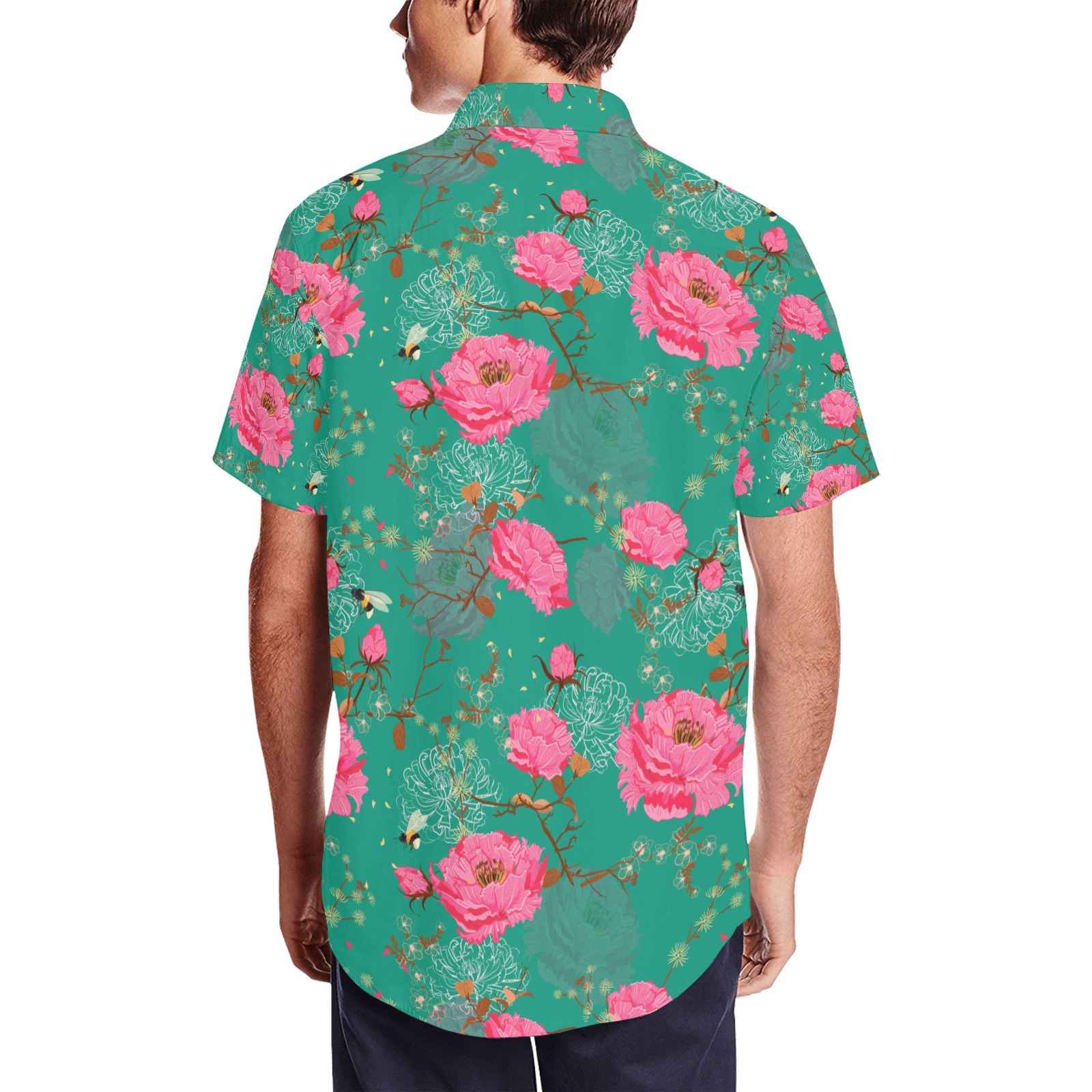 Floral Bees Aloha Hawaiian Shirt Men's Short Sleeve Shirt with Lapel Collar (Model T54)
