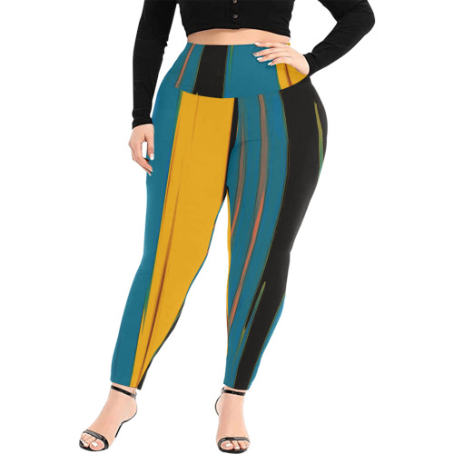 Black Turquoise And Orange Go! Abstract Art Women's Extra Plus Size High Waist Leggings (Model L45)