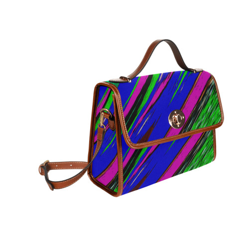 Diagonal Green Blue Purple And Black Abstract Art Waterproof Canvas Bag-Brown (All Over Print) (Model 1641)