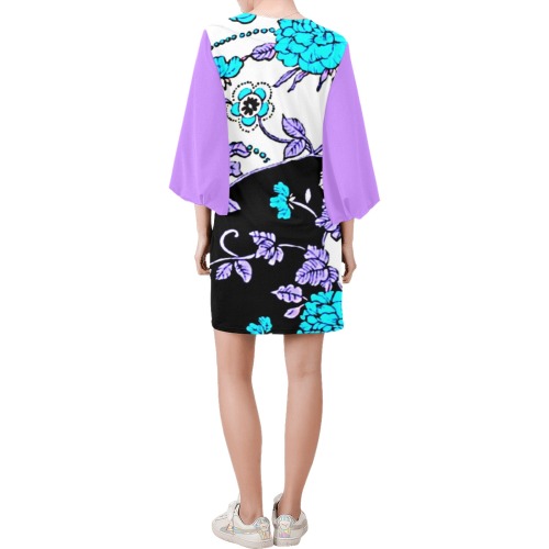 Lavender Turquoise Floral Swirl Pattern Bell Sleeve Dress (Model D52)