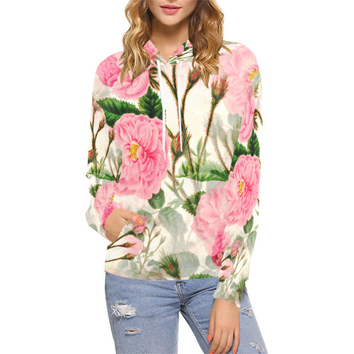 Vintage Pink Rose Garden Blossom All Over Print Hoodie for Women (USA Size) (Model H13)