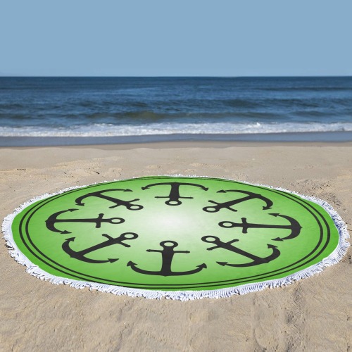 Anchors on Lime Green Circular Beach Shawl Towel 59"x 59"