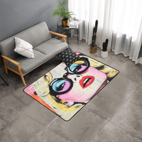 Erin is Watching Retro Glam Pop Art Lady Vintage Beauty in Glasses Avant Garde Midmod Home Decor Area Rug with Black Binding 5'3''x4'