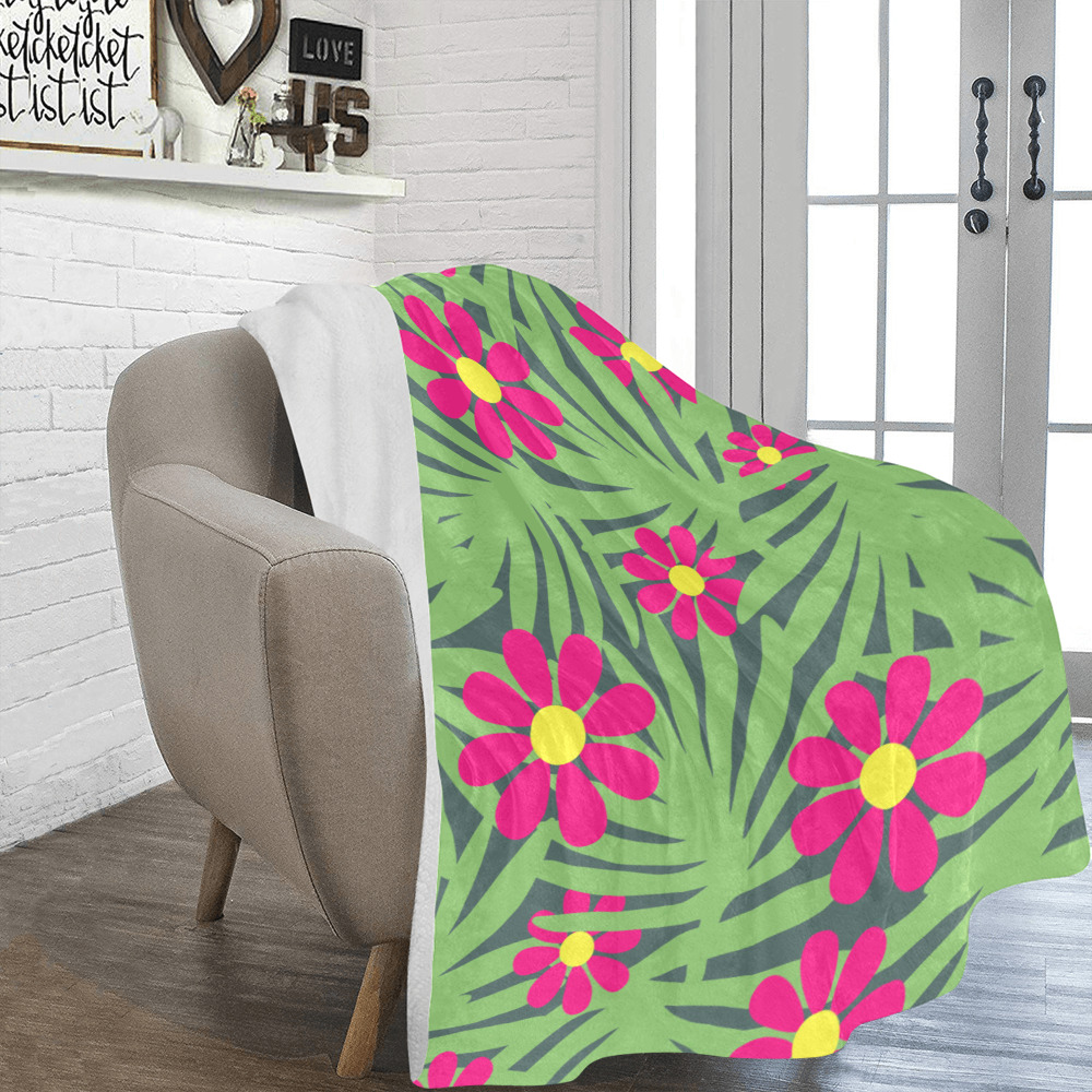 Pink Exotic Paradise Jungle Flowers and Leaves Ultra-Soft Micro Fleece Blanket 60"x80"