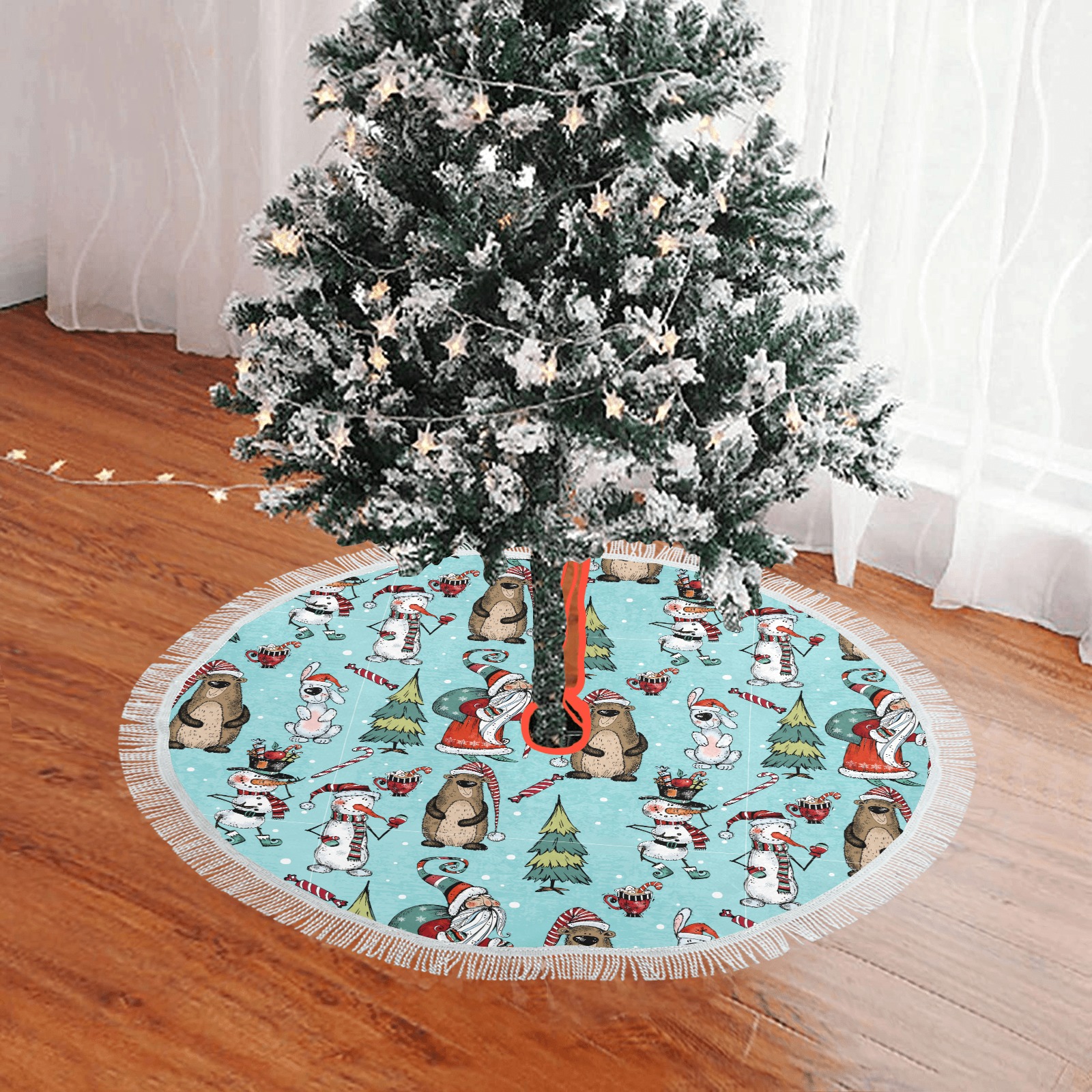 Santa and Friends Thick Fringe Christmas Tree Skirt 30"x30"