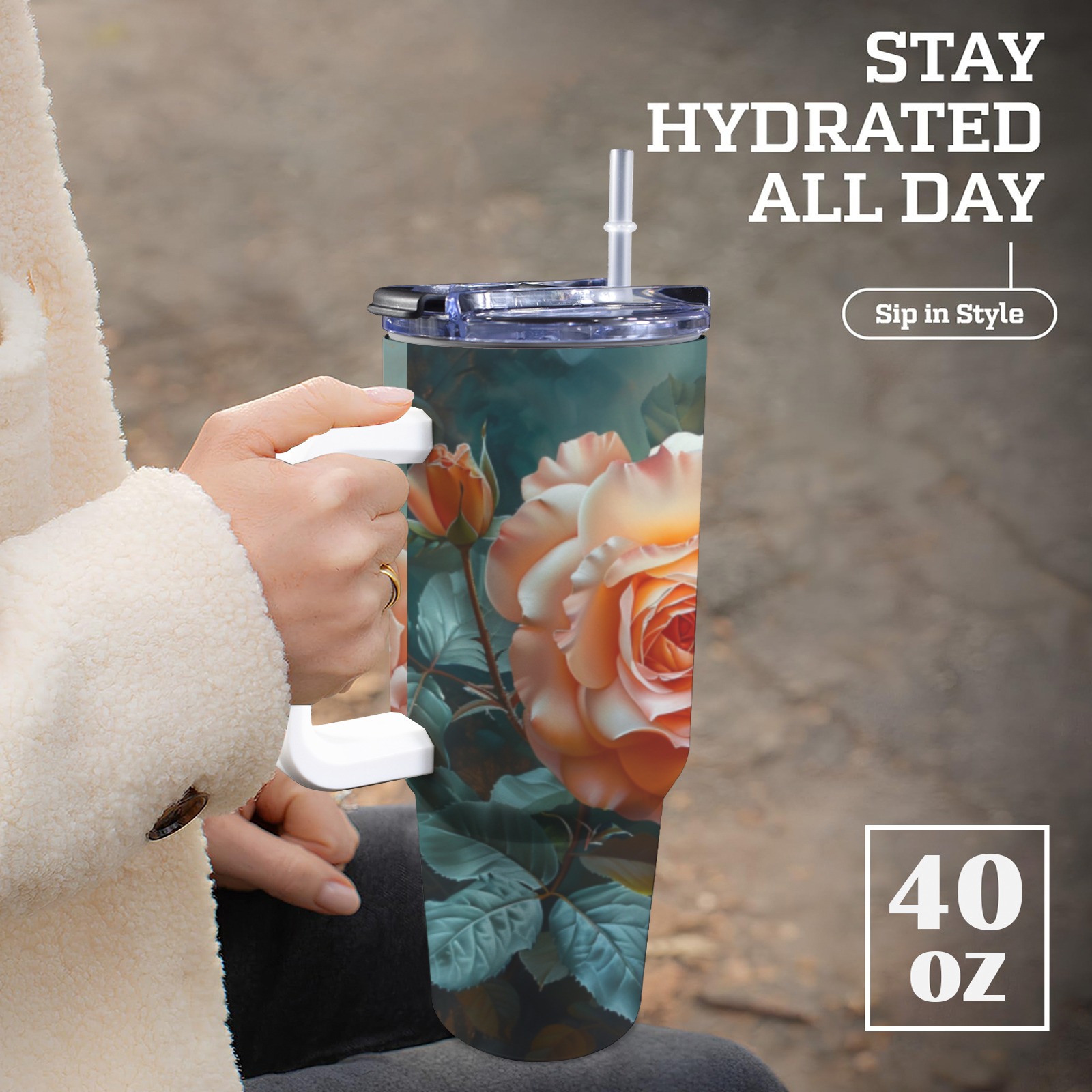 Floral Style 3 40oz Tumbler with White Handle