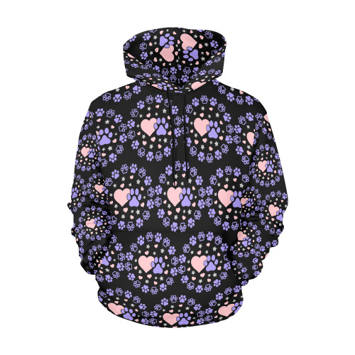 Pink and Purple Dog Cat Pet Lovers Hearts and Stars Paw Print Design All Over Print Hoodie for Women (USA Size) (Model H13)